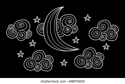 Ramadan moon and starry sky and clouds. doodle greeting card
