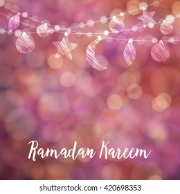 Ramadan moon, stars, decoration. Party decorative string. Festive glitter blurred web background. Bokeh lights. Greeting card, invitation for muslim month Ramadan Kareem. Stock vector