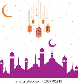Ramadan, moon, stars, lantern, mosque in the clouds. Ramadan mubarak Greeting card, invitation for muslim community. Kadir Gecesi Vector illustration.