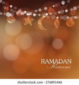 Ramadan moon, stars, lights. Party decoration. Vector illustration background. Card, invitation for muslim community holy month Ramadan Kareem.