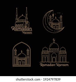 Ramadan mosque collection gold color. Monoline style design concept isolated on dark background