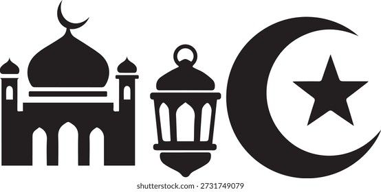 Mesquita Ramadã e Lua Crescente Silhueta Negra Vetor Islâmico