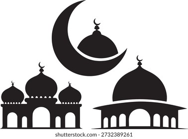 Cúpulas da mesquita do Ramadã com Lua Crescente Silhueta Preta Vetor