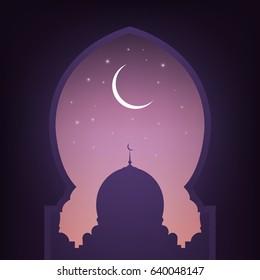 Ramadan. Mosque door with view on the mosque, night sky, shiny moon and stars. Arabic illustration for muslim holidays