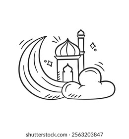 Ramadan mosque hand drawn illustration. Islamic doodle vector design elements. Muslim mosque on the moon and cloud sketch style outline icon drawing.