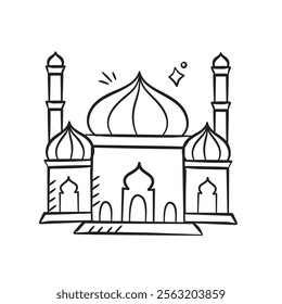 Ramadan mosque hand drawn illustration. Islamic doodle vector design elements. Muslim mosque sketch style outline icon drawing.