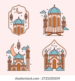 Ramadan Mosque Icon Set: Teal domes, minarets, and lanterns. Flat line art badges on peach background.