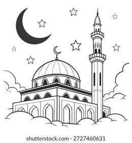 Página para colorear aislada de la mezquita de Ramadán para niños