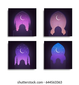 Ramadan. Mosque, night sky, shiny moon and stars. Arabic landscape view.Set of Illustrations for islamic holidays.