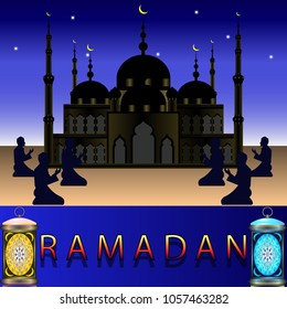 Ramadan. Mosque on the night sky background, Praying people, holiday lanterns. Vector Illustrator