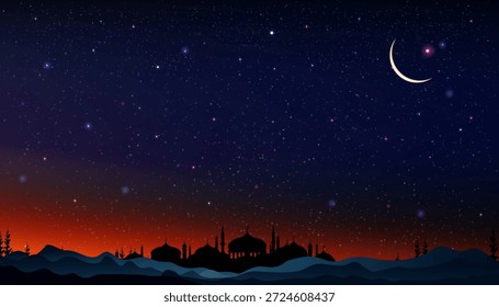 Mezquita de Ramadán en el cielo nocturno. Fondo de Eid Mubarak. Cielo azul oscuro, tarjeta de felicitación del Islam, luna creciente de Ramadán en el atardecer del paisaje de verano por la noche con luz azul para el año Nuevo Muharram, Ramadán Kareem