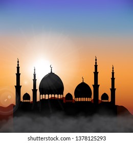 Ramadan Mosque silhouette on sunset background