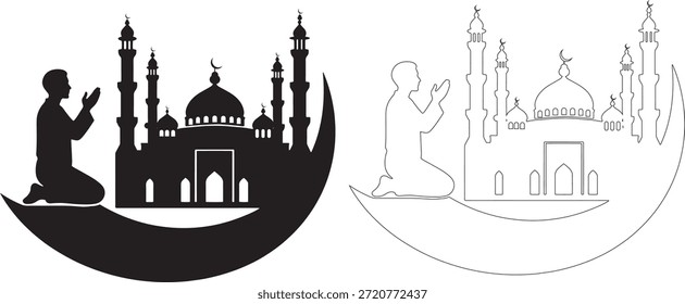 Silhueta da mesquita do Ramadã com ilustração do vetor do homem de oração