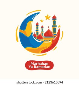 Ramadan Mosque Tower and Crescent Moon Symbol Illustration Cartoon Full Color