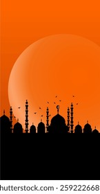 Ramadan mosque vector illustration design. Mosque silhouette. as an illustration of the background for the Ramadan Eid al-Fitr event with an orange base color 045