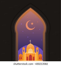 Ramadan mosque in window. Night and moon
