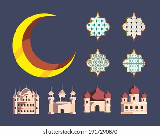 Ramadan mosques set moon and frames design, Islamic muslim religion and culture theme Vector illustration