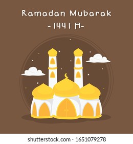 Ramadan Mubarak 1441 Hijri. Beautiful Islamic mosque with yellow dome with two tall minarets, isolated in brown background. Eid Al-Fitr muslim celebration greeting card, vector design.