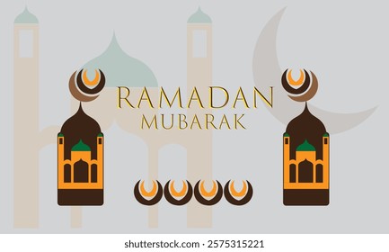 Ramadan Mubarak 2025 vector art illustration with a mosque and crescent moons. Perfect for banners, social media posts, poster and banner to celebrate the holy month.