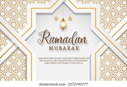 ramadan mubarak with abstract gradient white and brown background design and beautiful shiny islamic ornament