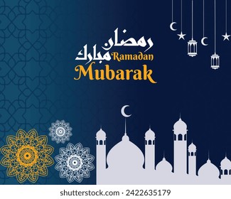 Ramadan Mubarak in Arabic Calligraphy greeting card, banner, poster. Vector illustration.
