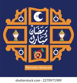 Ramadan Mubarak in arabic calligraphy greetings with islamic decoration, translated "happy ramadan"  129