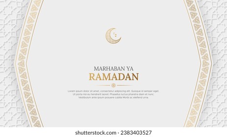 Ramadan Mubarak Arabic Elegant White and Golden Luxury Islamic Ornamental Circle Shape Background with Islamic Pattern Border