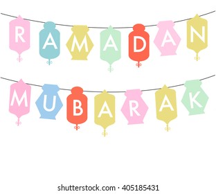 Ramadan Mubarak background. Eid Mubarak traditional Muslim greeting. Festive hanging arabic lamps. Greeting card or invitation for Muslim Community events vector