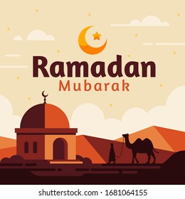 Ramadan Mubarak Background With Flat Mosque Camel And Desert Illustration