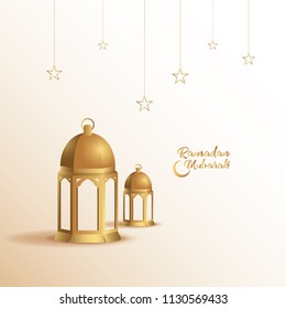Ramadan mubarak background. Ramadan mubarak greeting card design with lantern vector illustration. Lantern realistic illustration. Lantern illustration with golden color.