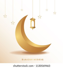 Ramadan mubarak background. Ramadan mubarak greeting card design with half moon and lantern vector illustration. Lantern and half moon realistic illustration. Lantern illustration with golden color.