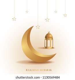 Ramadan mubarak background. Ramadan mubarak greeting card design with half moon and lantern vector illustration. Lantern and half moon realistic illustration. Lantern illustration with golden color.