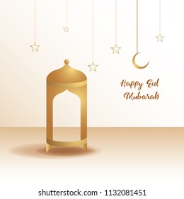 Ramadan mubarak background. Happy eid mubarak greeting card design with half moon and lantern vector illustration. Lantern and half moon realistic illustration. Lantern illustration with golden color.