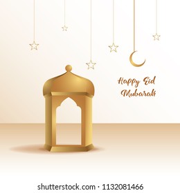 Ramadan mubarak background. Happy eid mubarak greeting card design with half moon and lantern vector illustration. Lantern and half moon realistic illustration. Lantern illustration with golden color.