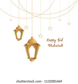Ramadan mubarak background. Happy eid mubarak greeting card design with lantern vector illustration. Lantern realistic illustration. Lantern illustration with golden color.