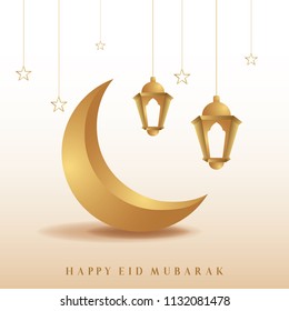 Ramadan mubarak background. Happy eid mubarak greeting card design with half moon and lantern vector illustration. Lantern and half moon realistic illustration. Lantern illustration with golden color.