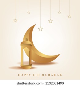 Ramadan mubarak background. Happy eid mubarak greeting card design with half moon and lantern vector illustration. Lantern and half moon realistic illustration. Lantern illustration with golden color.