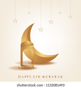 Ramadan mubarak background. Happy eid mubarak greeting card design with half moon and lantern vector illustration. Lantern and half moon realistic illustration. Lantern illustration with golden color.