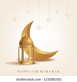 Ramadan mubarak background. Happy eid mubarak greeting card design with half moon and lantern vector illustration. Lantern and half moon realistic illustration. Lantern illustration with golden color.