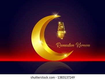 Ramadan mubarak background. Ramadan Kareem greeting card design with half moon and lantern vector isolated. Lantern and half moon realistic illustration. Shiny Lamp with golden color in the dark night