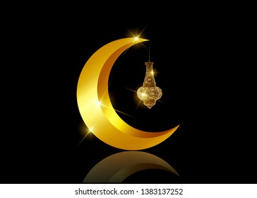 Ramadan mubarak background. Ramadan Kareem greeting card design with half moon and lantern vector isolated. Lantern and half moon realistic illustration. Shiny Lamp with golden color in the dark night