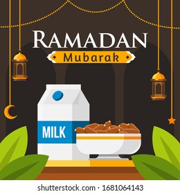 Fondo Ramadan Mubarak Con Leche Y Fechas Ilustración Y Ornamentos De Linterna Colgando