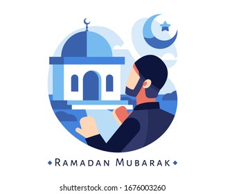 Ramadan Mubarak Background With A Moslem Man Pray At Mosque Vector