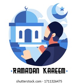 Fondo Ramadán Mubarak con un musulmán rezando en la mezquita