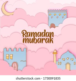 Ramadan mubarak background with paper cut out effect decorated with hand drawn doodle of islamic ornament, mosque, lantern, moon, star. Greeting card for islamic holy month festival, ramadan mubarak.