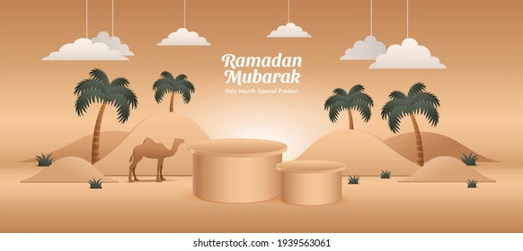 Ramadan Mubarak Background With Realistic Desert Palm Tree Podium Illustration Concept
