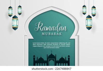 banner de ramadan mubarak con degradado abstracto blanco y verde y bello adorno islámico brillante de lujo