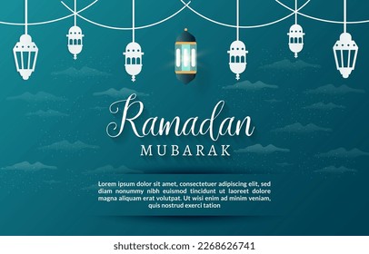ramadan mubarak banner abstract gradient blue and green background with beautiful shiny islamic ornament