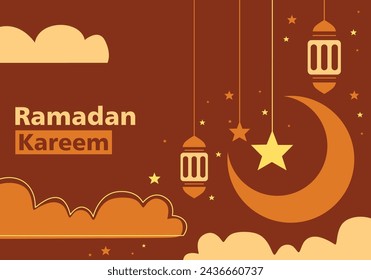 Ramadan Mubarak banner, background with retro Boho design. arches with moon, mosque dome and lanterns