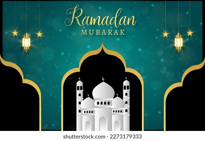 ramadan mubarak banner with beautiful mosque and lantern shiny islamic ornament and abstract gradient green and blue background